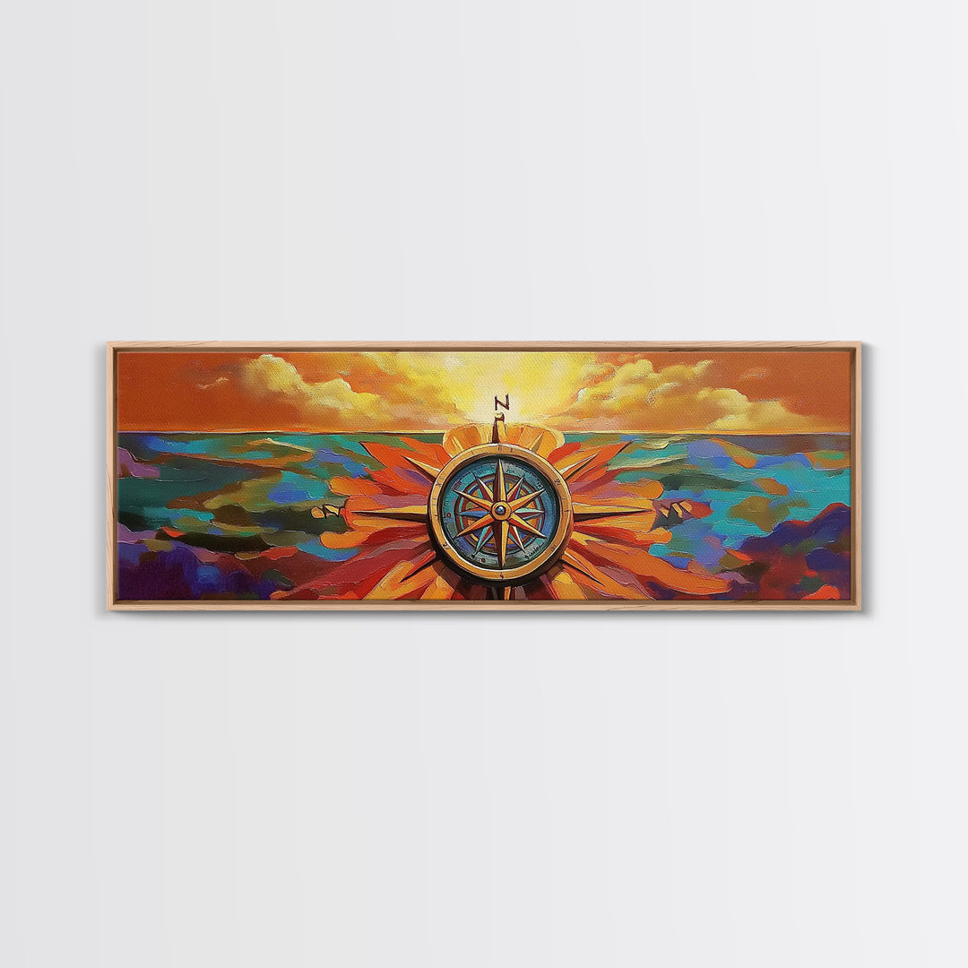 Compass Rose, Nautical Decor, Seafaring Art, Sunset Ocean, Framed Canvas Print, Beach House Art, Office Wall Art, Boho Travel Art