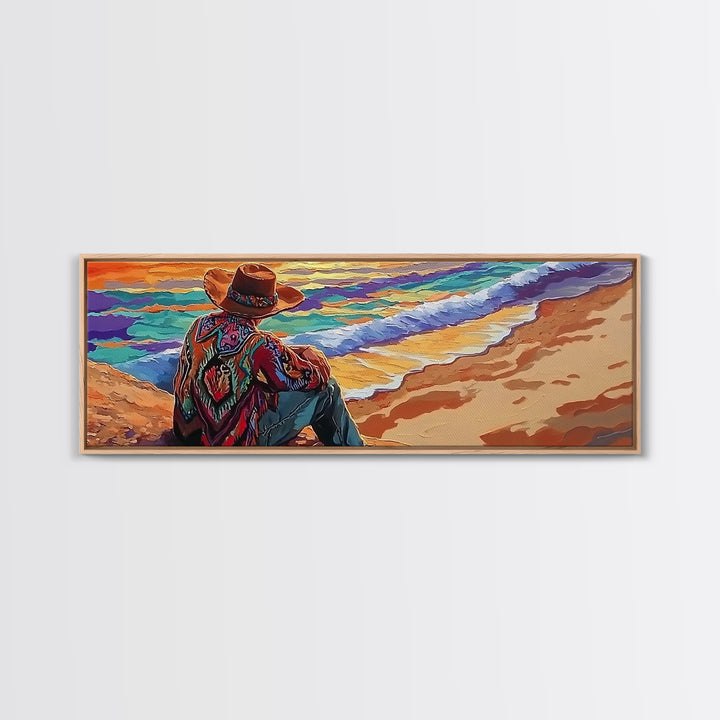 Coastal Cowboy, Ocean View, Serene Sunset, Western Art, Canvas Print, Living Room Wall Art, Southwestern Vibes, Beach Cowboy Scene