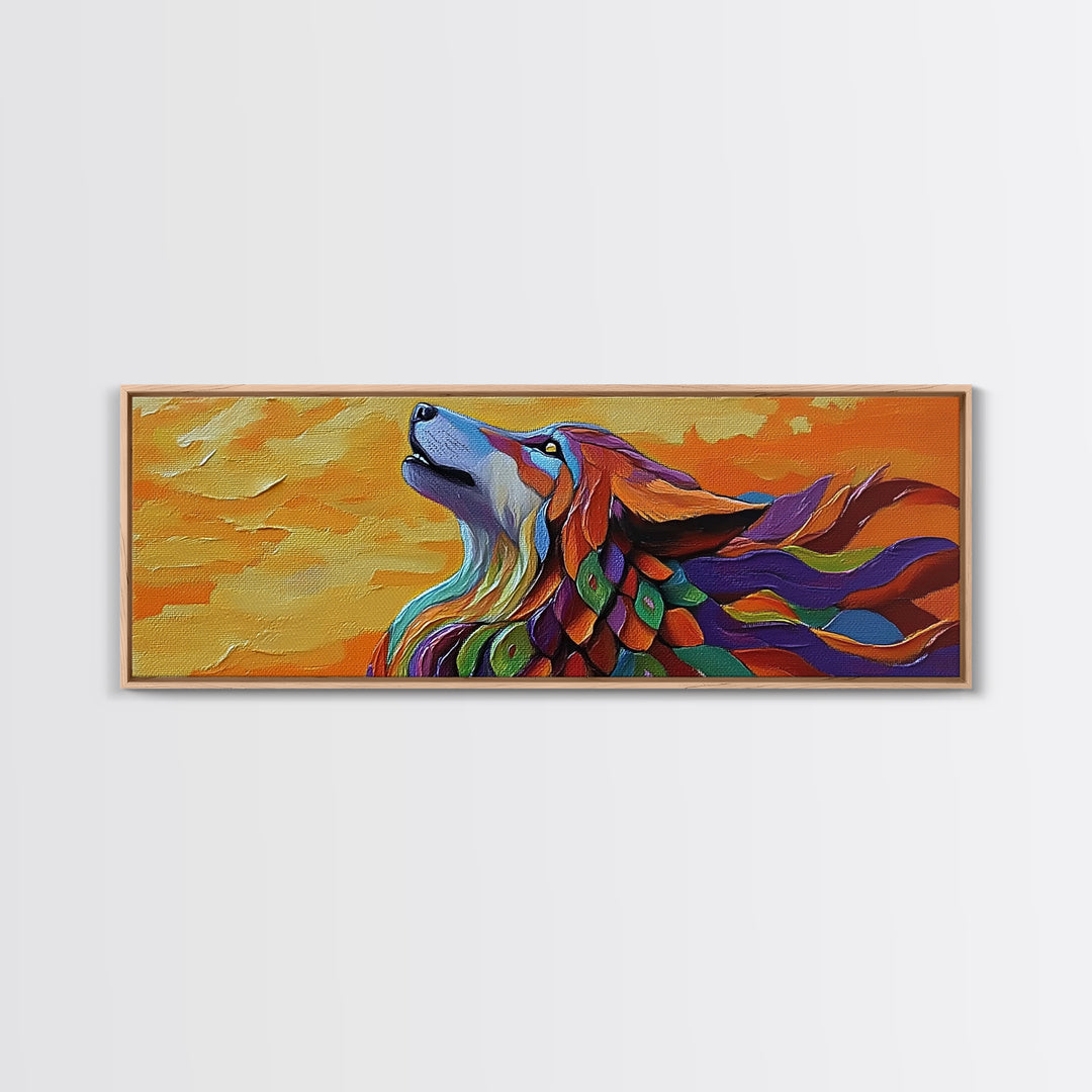 Colorful Wolf, Spirit Animal, Autumn Sky, Boho Vibes, Framed Canvas Print, Eclectic Wall Art, Bedroom Accent, Mystical Animal Painting
