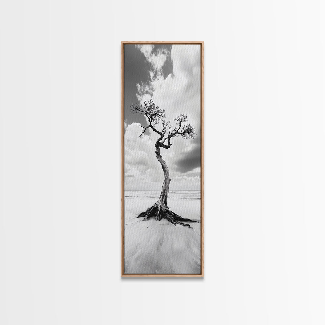 Solitary Tree, Beach Art, Surreal Landscape, Moody Wall Decor, Framed Canvas Print, Meditation Room Art, Monochrome Nature Style