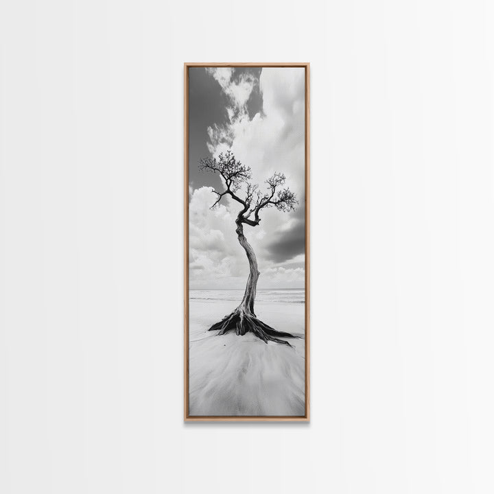 Solitary Tree, Beach Art, Surreal Landscape, Moody Wall Decor, Framed Canvas Print, Meditation Room Art, Monochrome Nature Style