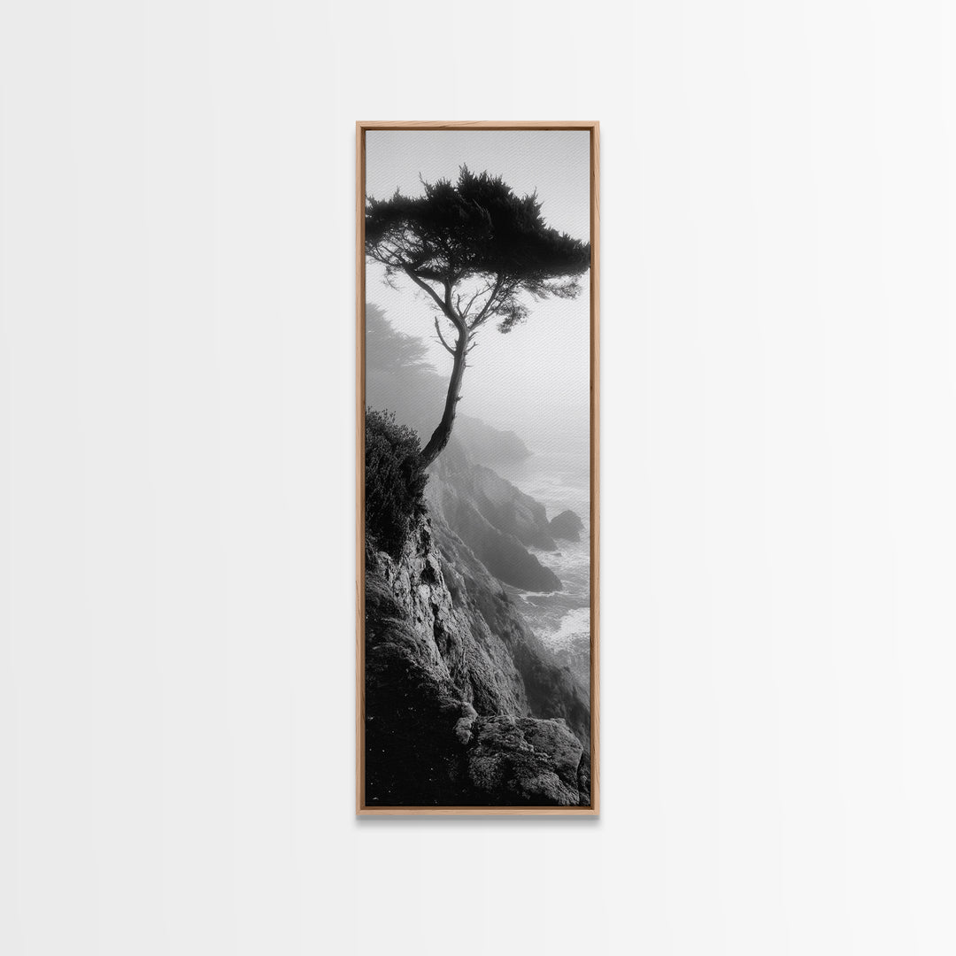 Coastal Tree, Cliff View, Ocean Mist, Moody Landscape, Canvas Print, Serene Bedroom Art, Monochrome Nature Photography Style