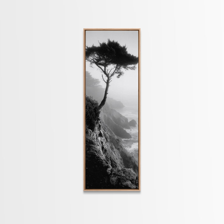 Coastal Tree, Cliff View, Ocean Mist, Moody Landscape, Canvas Print, Serene Bedroom Art, Monochrome Nature Photography Style
