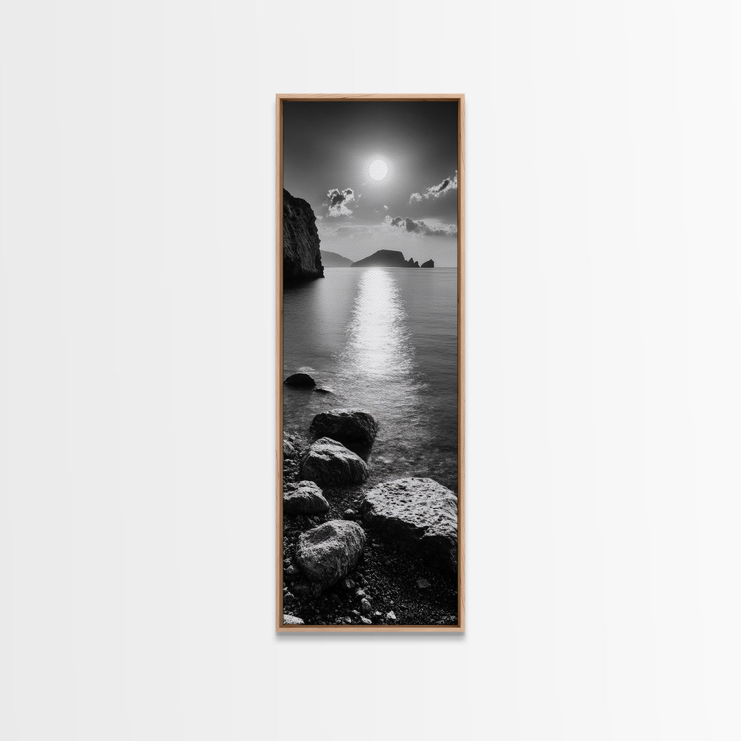 Moonlight Ocean View, Coastal Photography Art, Seascape Print, Framed Canvas Print, Bathroom Wall Art, Neutral Beach Decor