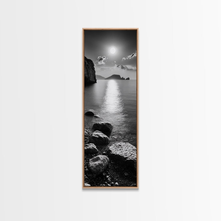 Moonlight Ocean View, Coastal Photography Art, Seascape Print, Framed Canvas Print, Bathroom Wall Art, Neutral Beach Decor