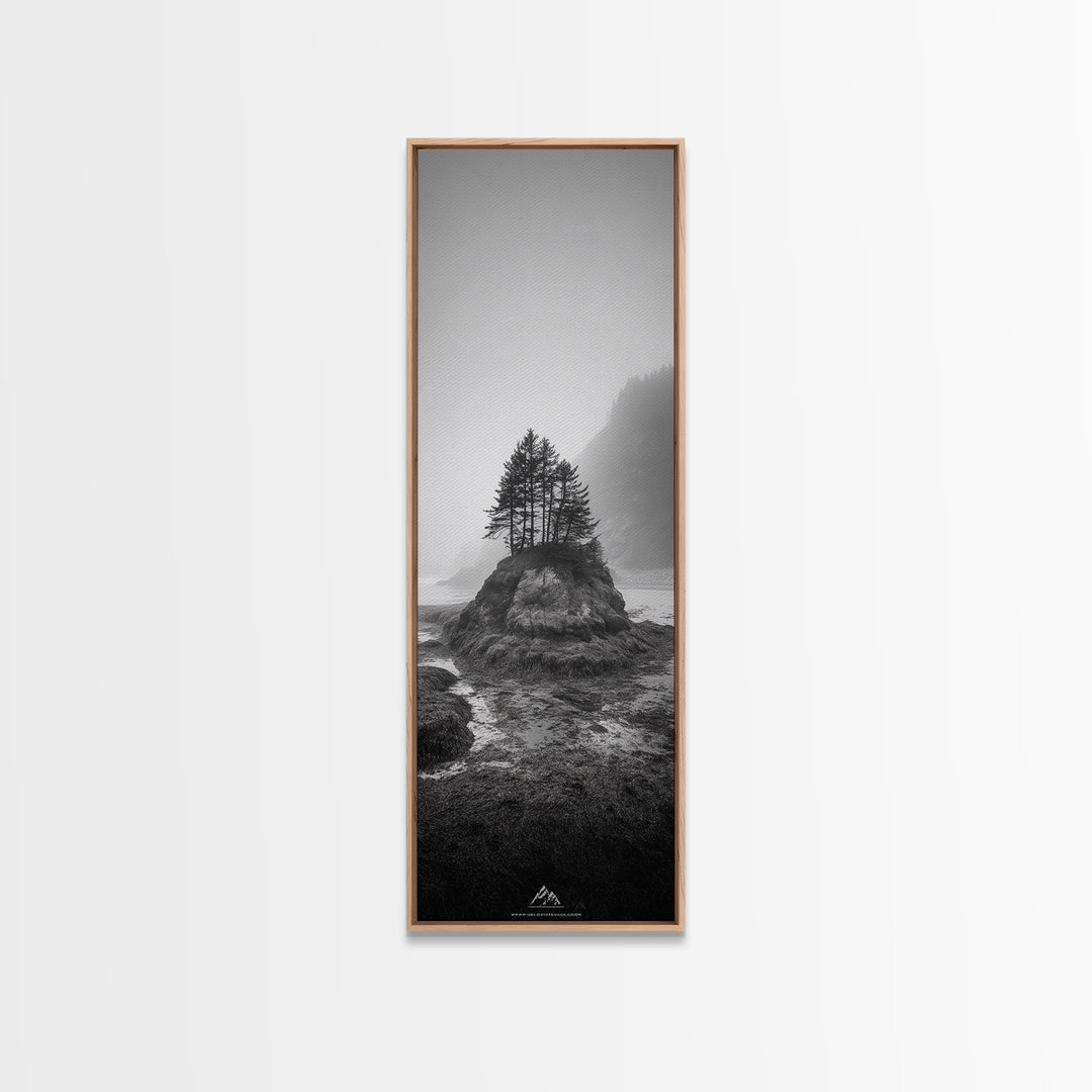 Foggy Island Trees, Pacific Northwest Nature, Moody Wall Art, Framed Canvas Print, Rustic Cabin Decor, Minimalist Forest Print