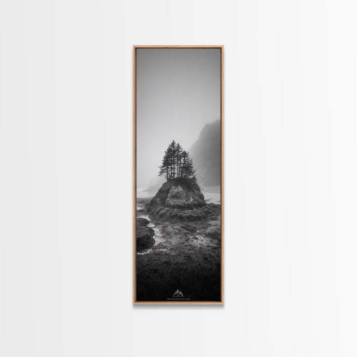 Foggy Island Trees, Pacific Northwest Nature, Moody Wall Art, Framed Canvas Print, Rustic Cabin Decor, Minimalist Forest Print