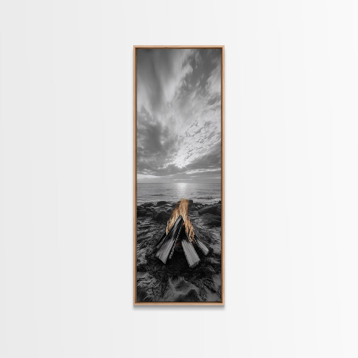 Beach Bonfire Glow, Coastal Campfire Art, Sunset Ocean Scene, Framed Canvas Print, Autumn Decor, Rustic Living Room Wall Art