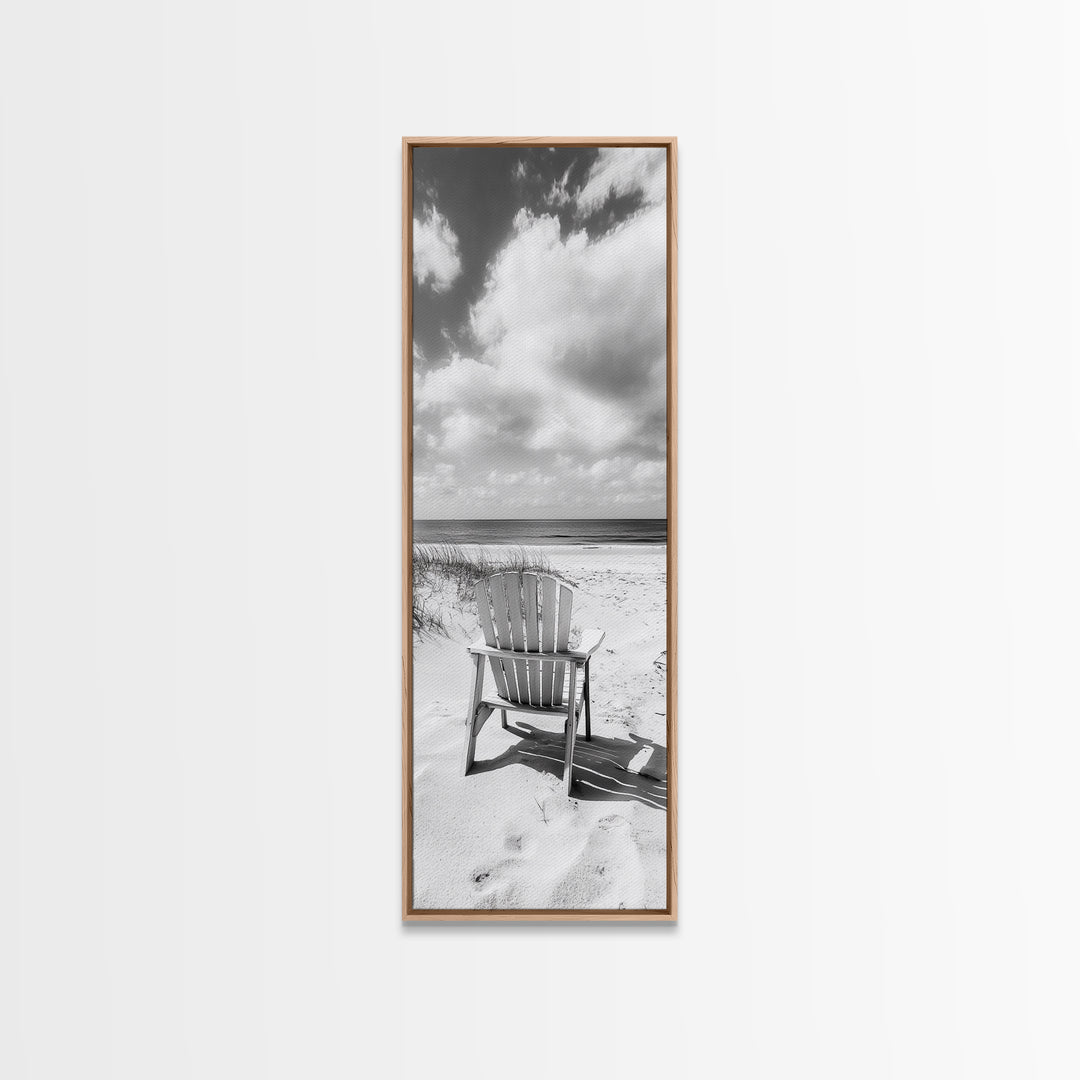 Ocean View Chair, Sandy Dunes, Seaside Retreat, Minimalist Beach, Calm Vibes, Framed Canvas Print, Bedroom Wall Art, Coastal Cottage Style