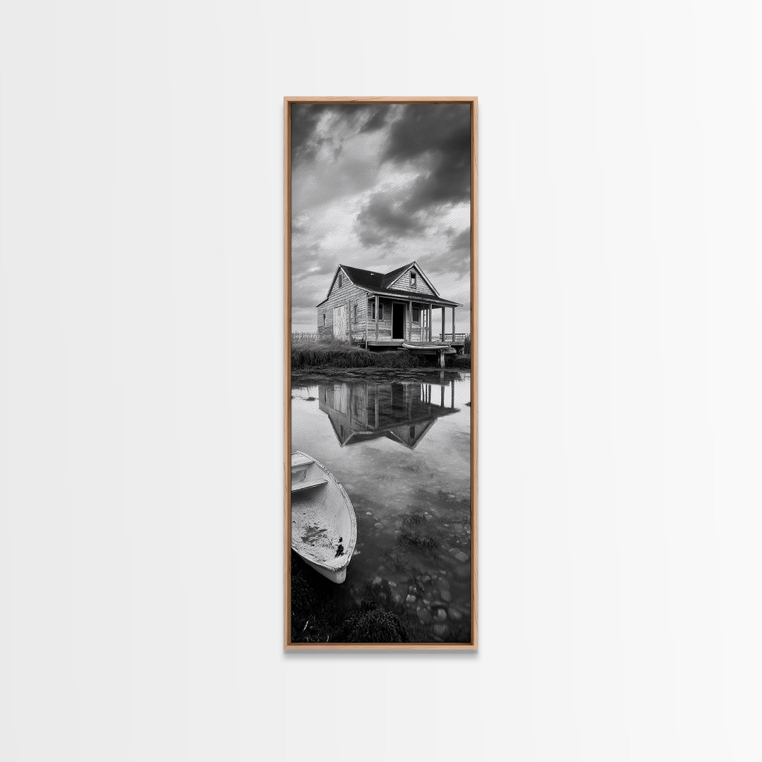 Weathered House, Abandoned Shack, Reflection Lake, Framed Canvas Print, Rustic cabin wall art, Fall entryway decor, Moody farmhouse aesthetic