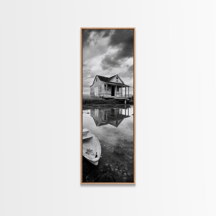 Weathered House, Abandoned Shack, Reflection Lake, Framed Canvas Print, Rustic cabin wall art, Fall entryway decor, Moody farmhouse aesthetic
