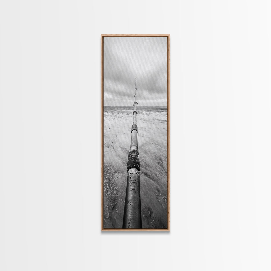 Pipeline Perspective, Industrial Seascape, Grunge Aesthetic, Framed Canvas Print, Coastal industrial art, Minimalist hallway decor, Monochrome print