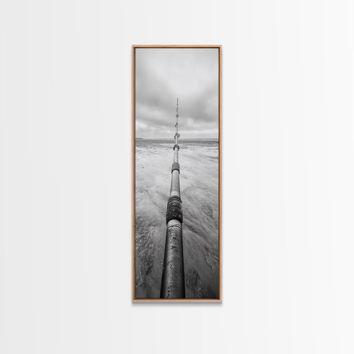 Pipeline Perspective, Industrial Seascape, Grunge Aesthetic, Framed Canvas Print, Coastal industrial art, Minimalist hallway decor, Monochrome print
