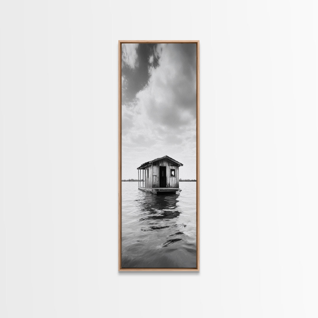 Floating Cabin, Water House, Tranquil Escape, Framed Canvas Print, Serene lake house wall art, Cabin decor, Nature minimalist bathroom print