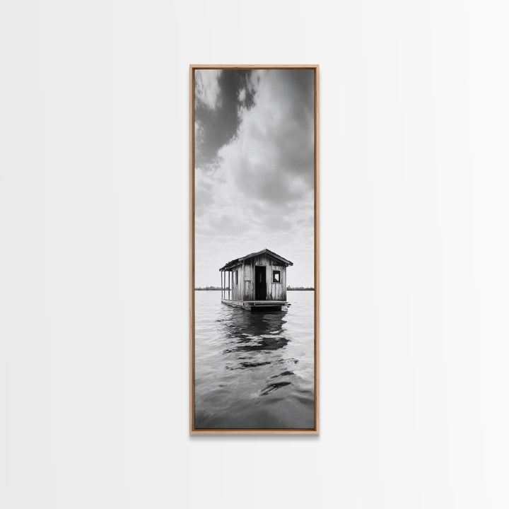 Floating Cabin, Water House, Tranquil Escape, Framed Canvas Print, Serene lake house wall art, Cabin decor, Nature minimalist bathroom print