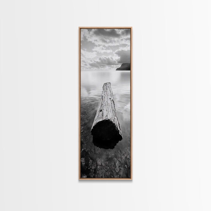 Driftwood Focus, Tranquil Waters, Lake Serenity, Canvas Print, Modern nature wall art, Neutral decor, Calm lakehouse bedroom piece