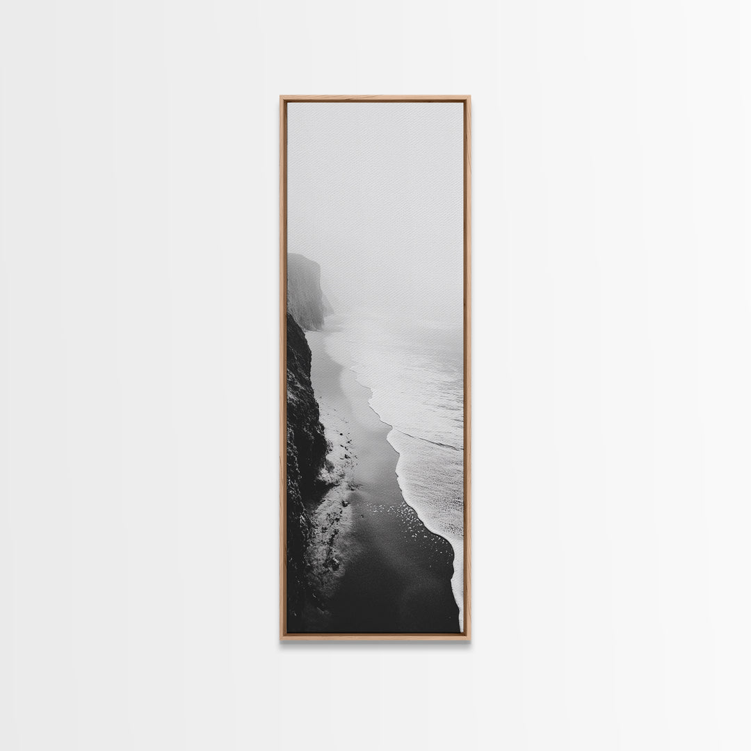 Foggy Cliffs, Ocean Shoreline, Monochrome Beach, Canvas Print, Black and white beach art, Coastal minimalist hallway decor, Modern seascape gift