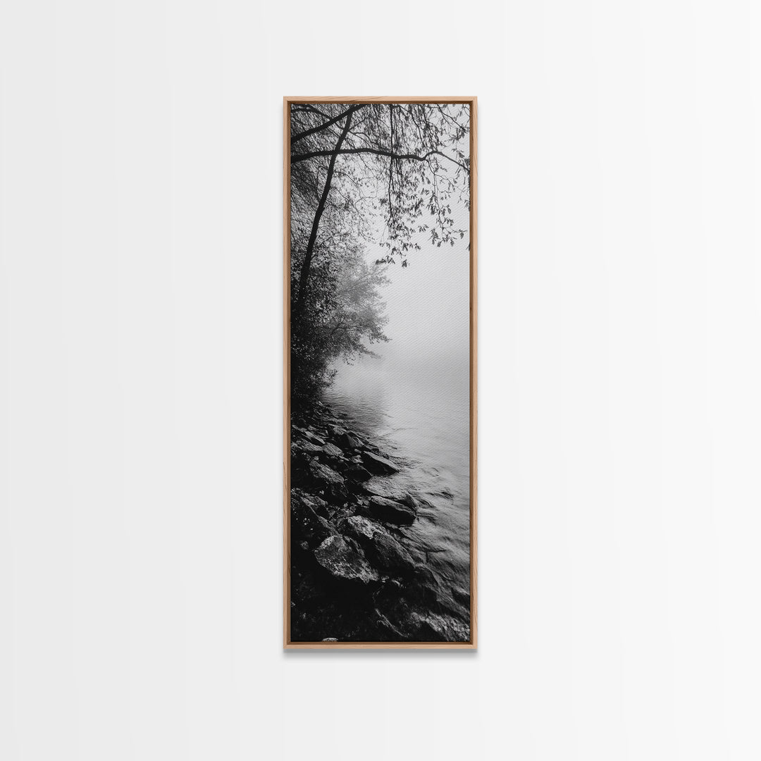 Lakeside Mist, Rocky Shoreline, Tranquil Forest, Framed Canvas Print, Peaceful woodland wall art, Fall neutral decor, Nature themed office print