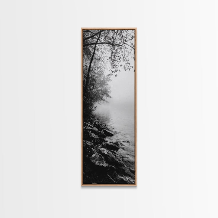 Lakeside Mist, Rocky Shoreline, Tranquil Forest, Framed Canvas Print, Peaceful woodland wall art, Fall neutral decor, Nature themed office print