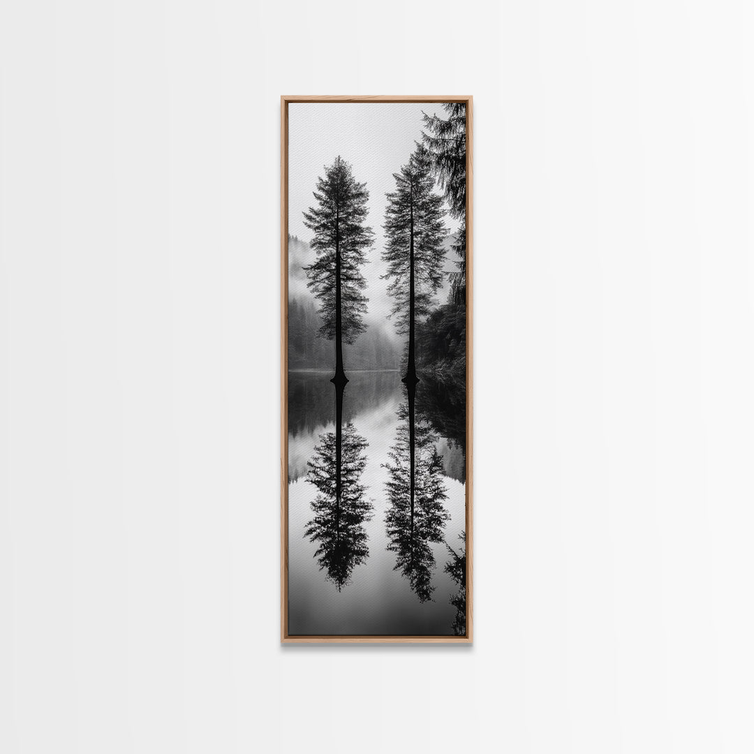 Twin Pines, Forest Reflection, Misty Lake, Black and White Nature, Framed Canvas Print, Living Room Wall Art, Nature Photography, Zen Decor