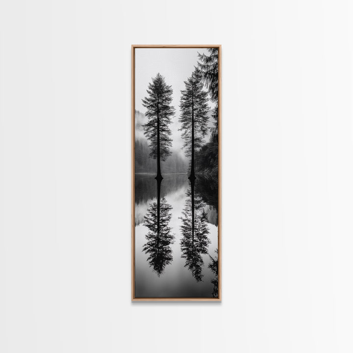 Twin Pines, Forest Reflection, Misty Lake, Black and White Nature, Framed Canvas Print, Living Room Wall Art, Nature Photography, Zen Decor