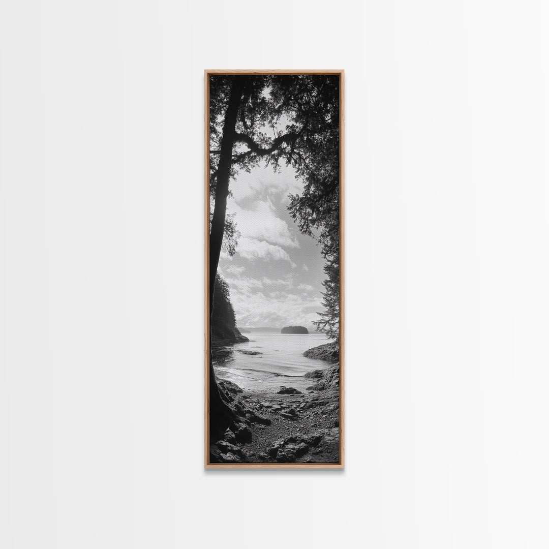Island View, Forest Coastline, Secluded Shore, Tranquil Ocean Scene, Canvas Print, Boho Decor, Entryway Wall Art, Nature Wall Aesthetic
