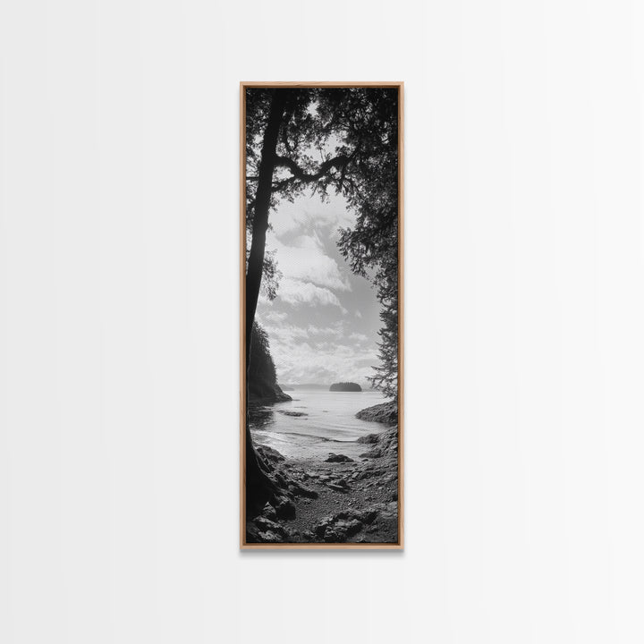 Island View, Forest Coastline, Secluded Shore, Tranquil Ocean Scene, Canvas Print, Boho Decor, Entryway Wall Art, Nature Wall Aesthetic