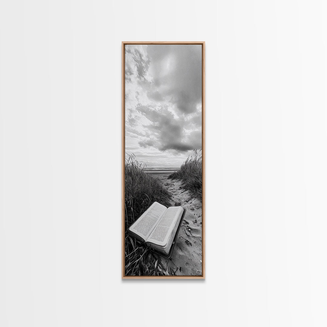 Bible on Beach, Spiritual Escape, Coastal Tranquility, Nature Meditation, Canvas Print, Faith Wall Art, Office Decor, Minimalist Art