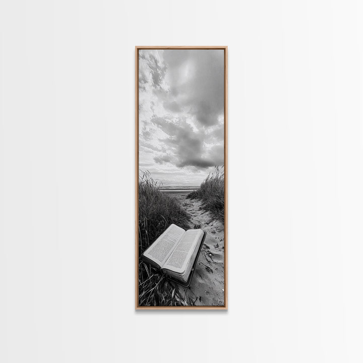 Bible on Beach, Spiritual Escape, Coastal Tranquility, Nature Meditation, Canvas Print, Faith Wall Art, Office Decor, Minimalist Art