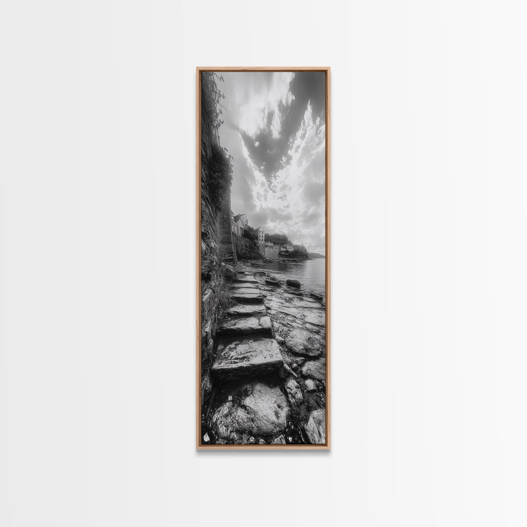 Cliffside Village, Stone Path, Seaside Escape, Dreamy Landscape, Canvas Print, Living Room Wall Art, Romantic Wall Decor, Monochrome Style