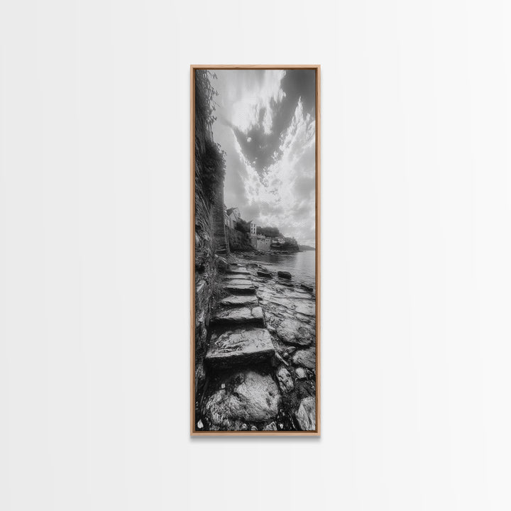 Cliffside Village, Stone Path, Seaside Escape, Dreamy Landscape, Canvas Print, Living Room Wall Art, Romantic Wall Decor, Monochrome Style