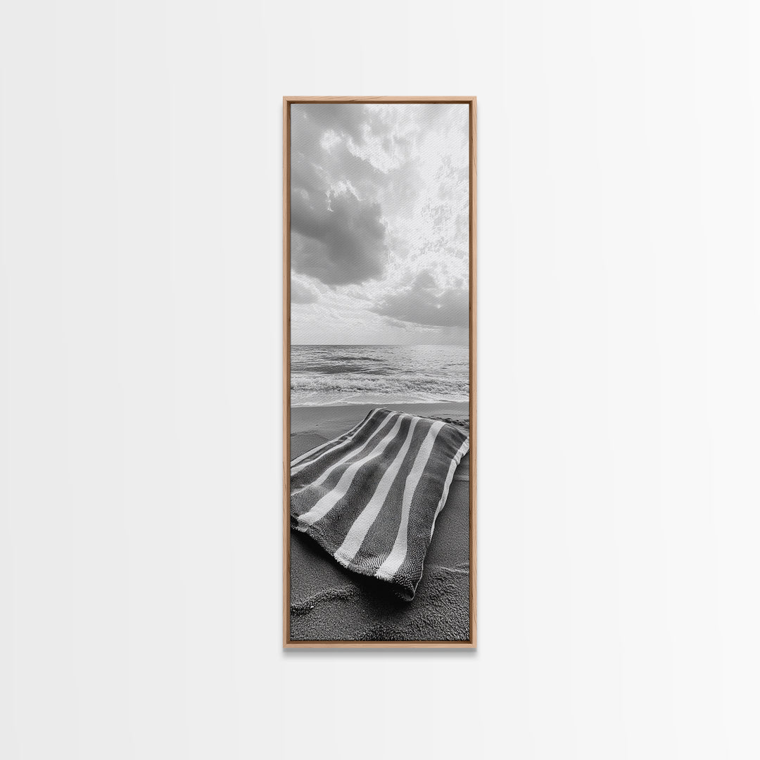 Beach Towel View, Ocean Breeze, Seaside Calm, Striped Blanket, Relaxation Mood, Framed Canvas Print, Bathroom Wall Art, Minimalist Coastal Art