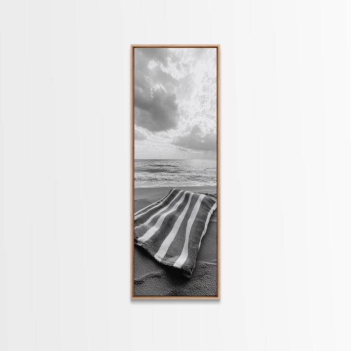 Beach Towel View, Ocean Breeze, Seaside Calm, Striped Blanket, Relaxation Mood, Framed Canvas Print, Bathroom Wall Art, Minimalist Coastal Art