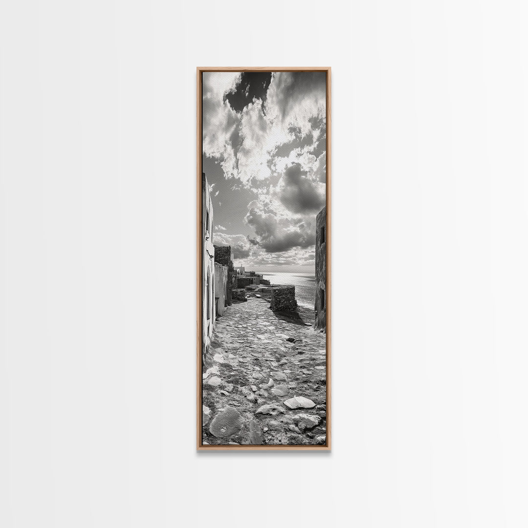 Coastal Street, Ocean View, Mediterranean Charm, Monochrome Photography, Framed Canvas Print, Living Room Print, Kitchen Wall Art