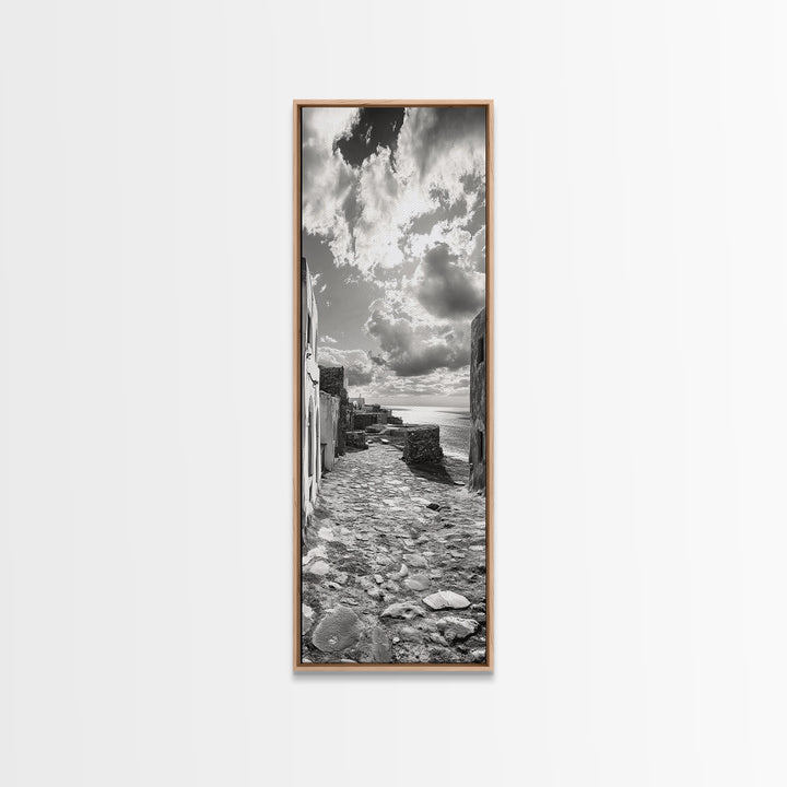 Coastal Street, Ocean View, Mediterranean Charm, Monochrome Photography, Framed Canvas Print, Living Room Print, Kitchen Wall Art