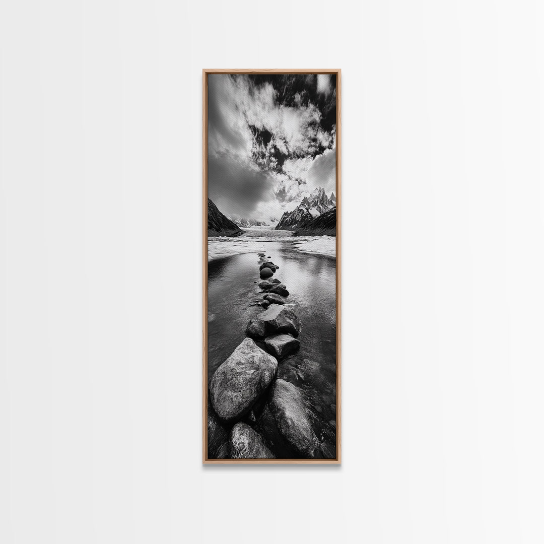 Mountain Stream, Stone Path, Black and White Nature, Scenic Landscape, Framed Canvas Print, Modern Cabin or Rustic Wall Decor, Office Art