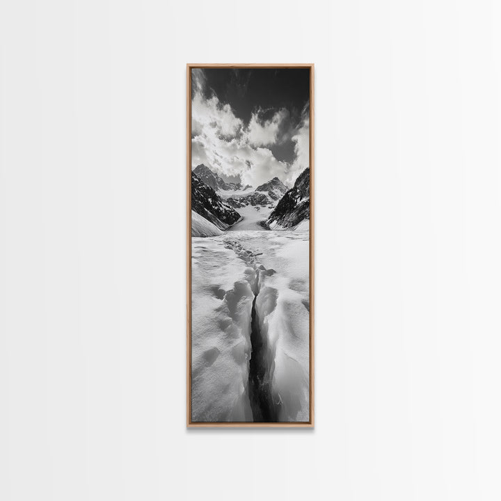 Glacier Trail, Snowy Valley, Black and White Mountain Art, Crevasse Texture, Canvas Print, Winter Landscape, Office Print, Entry Wall Art