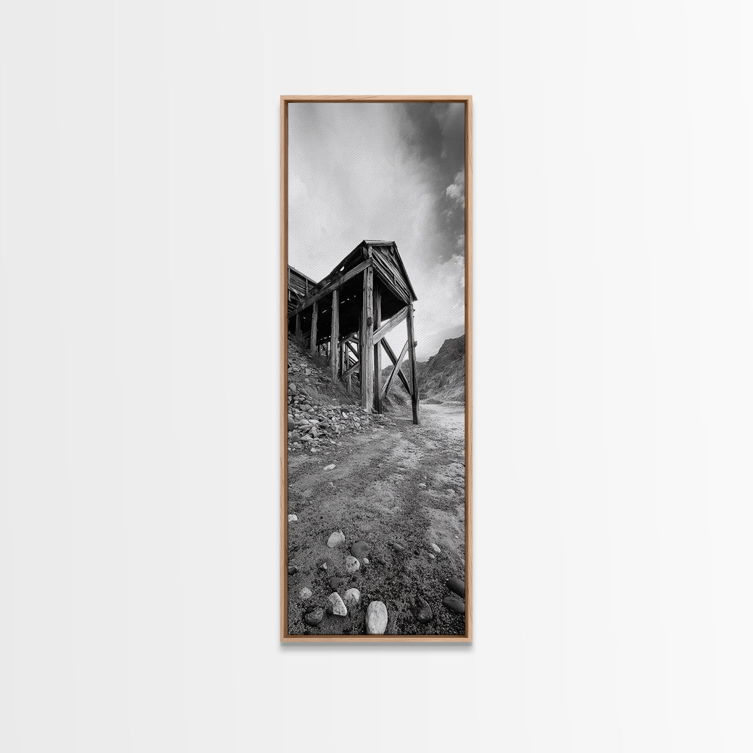 Abandoned Mine, Wooden Structure, Desert Scene, Western Vibes, Black and White Canvas Print, Industrial Rustic Living Room Wall Art