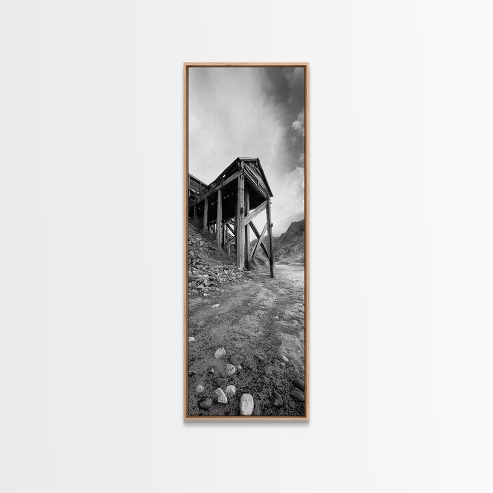 Abandoned Mine, Wooden Structure, Desert Scene, Western Vibes, Black and White Canvas Print, Industrial Rustic Living Room Wall Art