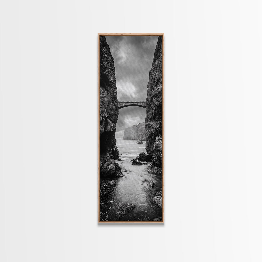 Sea Arch, Cliff Bridge, Coastal Landscape, Dramatic Ocean View, Black and White Framed Canvas Print, Bathroom Art, Hallway Wall Art