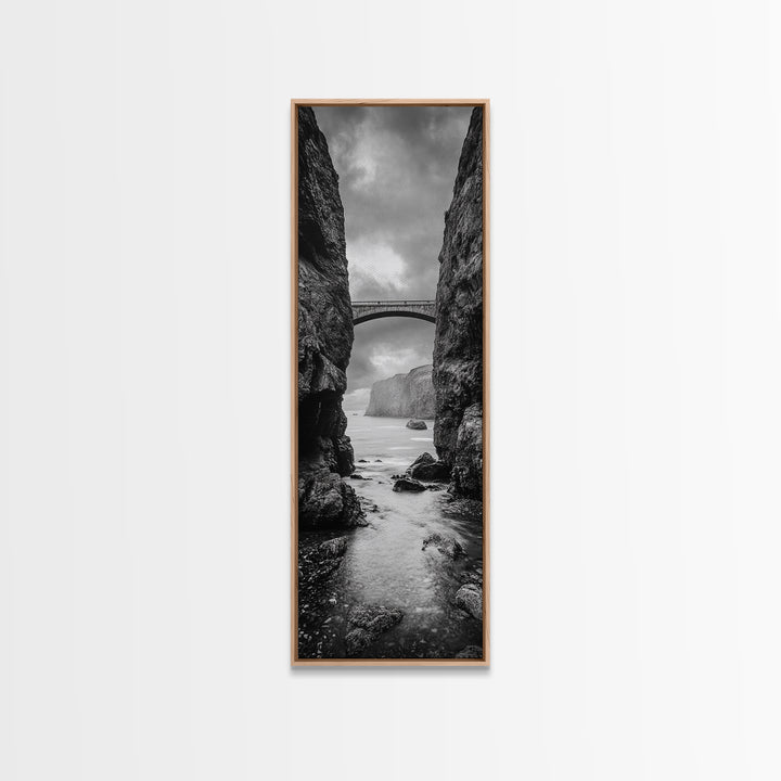 Sea Arch, Cliff Bridge, Coastal Landscape, Dramatic Ocean View, Black and White Framed Canvas Print, Bathroom Art, Hallway Wall Art