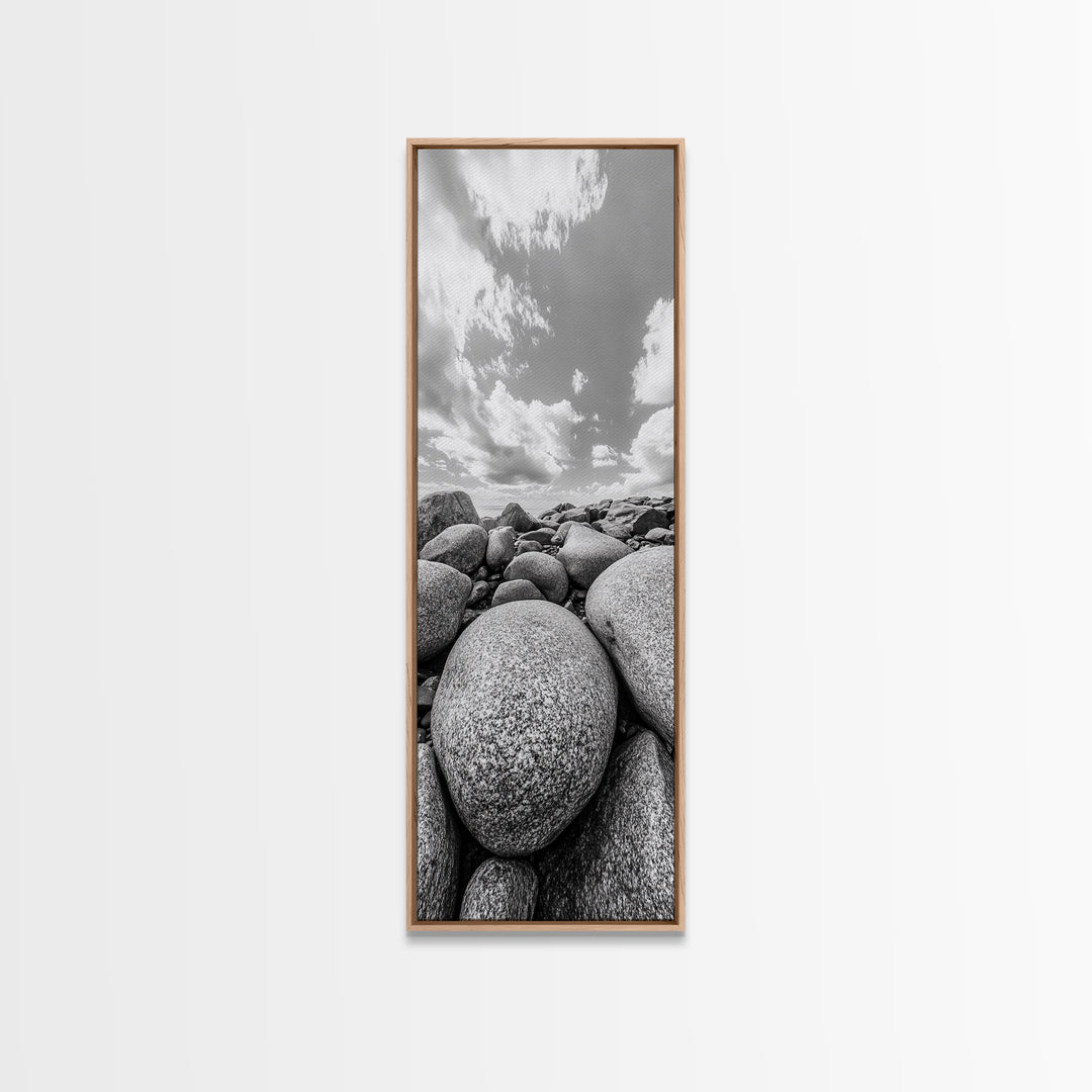Granite Boulders, Coastal Rocks, Ocean Horizon, Dramatic Clouds, Framed Canvas Print, Nature Wall Art, Modern Beach House Decor