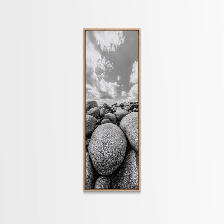 Granite Boulders, Coastal Rocks, Ocean Horizon, Dramatic Clouds, Framed Canvas Print, Nature Wall Art, Modern Beach House Decor
