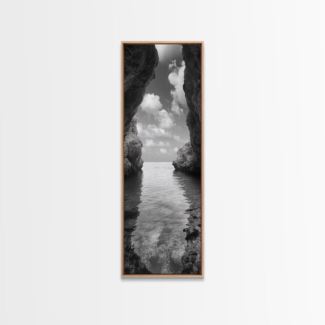 Ocean Cave, Tranquil Waters, Cloudy Sky, Coastal Wall Art, Canvas Print, Black and White Nature Decor, Modern Beach House Wall Art