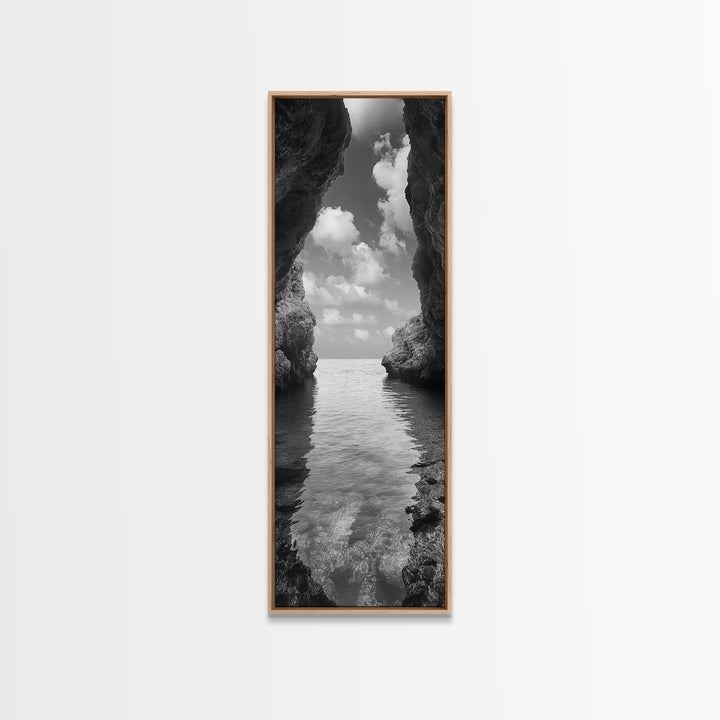 Ocean Cave, Tranquil Waters, Cloudy Sky, Coastal Wall Art, Canvas Print, Black and White Nature Decor, Modern Beach House Wall Art