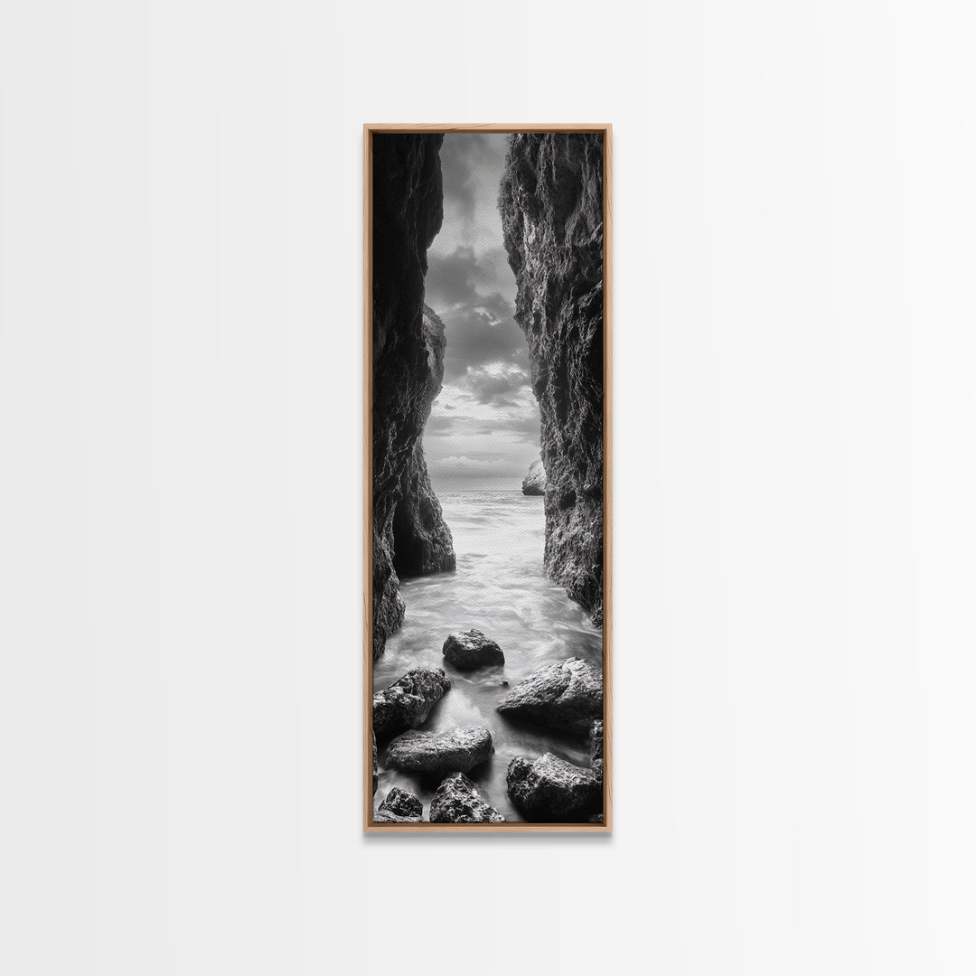 Rocky Passage, Seaside View, Cave Entrance, Dramatic Nature Scene, Framed Canvas Print, Moody Black and White Bedroom Wall Art, Hallway Decor