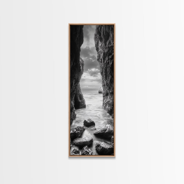 Rocky Passage, Seaside View, Cave Entrance, Dramatic Nature Scene, Framed Canvas Print, Moody Black and White Bedroom Wall Art, Hallway Decor