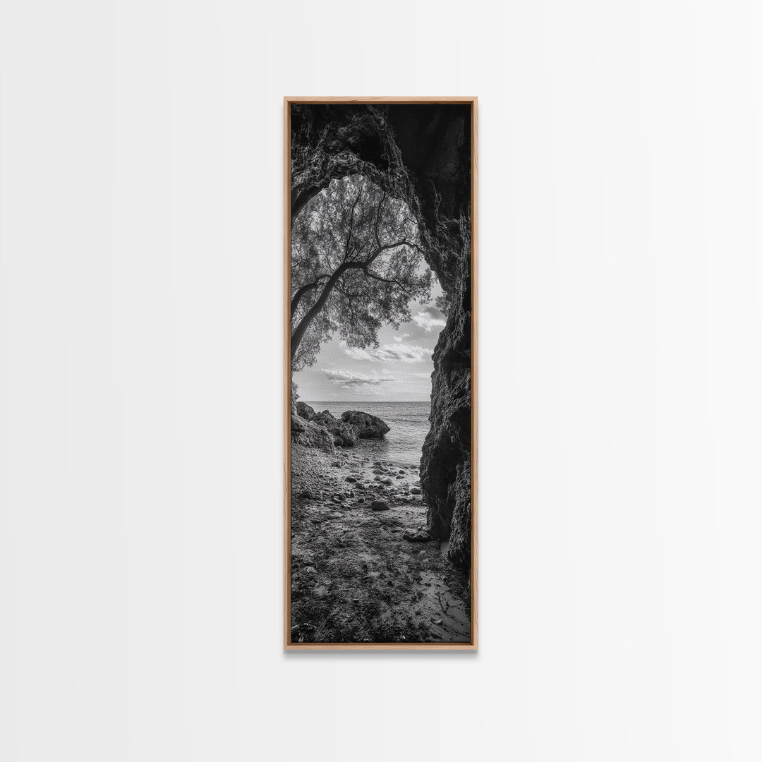 Cave View, Coastal Tree, Ocean Horizon, Black and White Landscape, Canvas Print, Rustic Seaside Art, Living Room Art, Entry Wall Decor