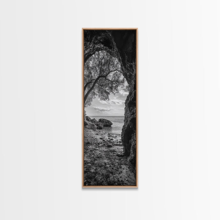 Cave View, Coastal Tree, Ocean Horizon, Black and White Landscape, Canvas Print, Rustic Seaside Art, Living Room Art, Entry Wall Decor