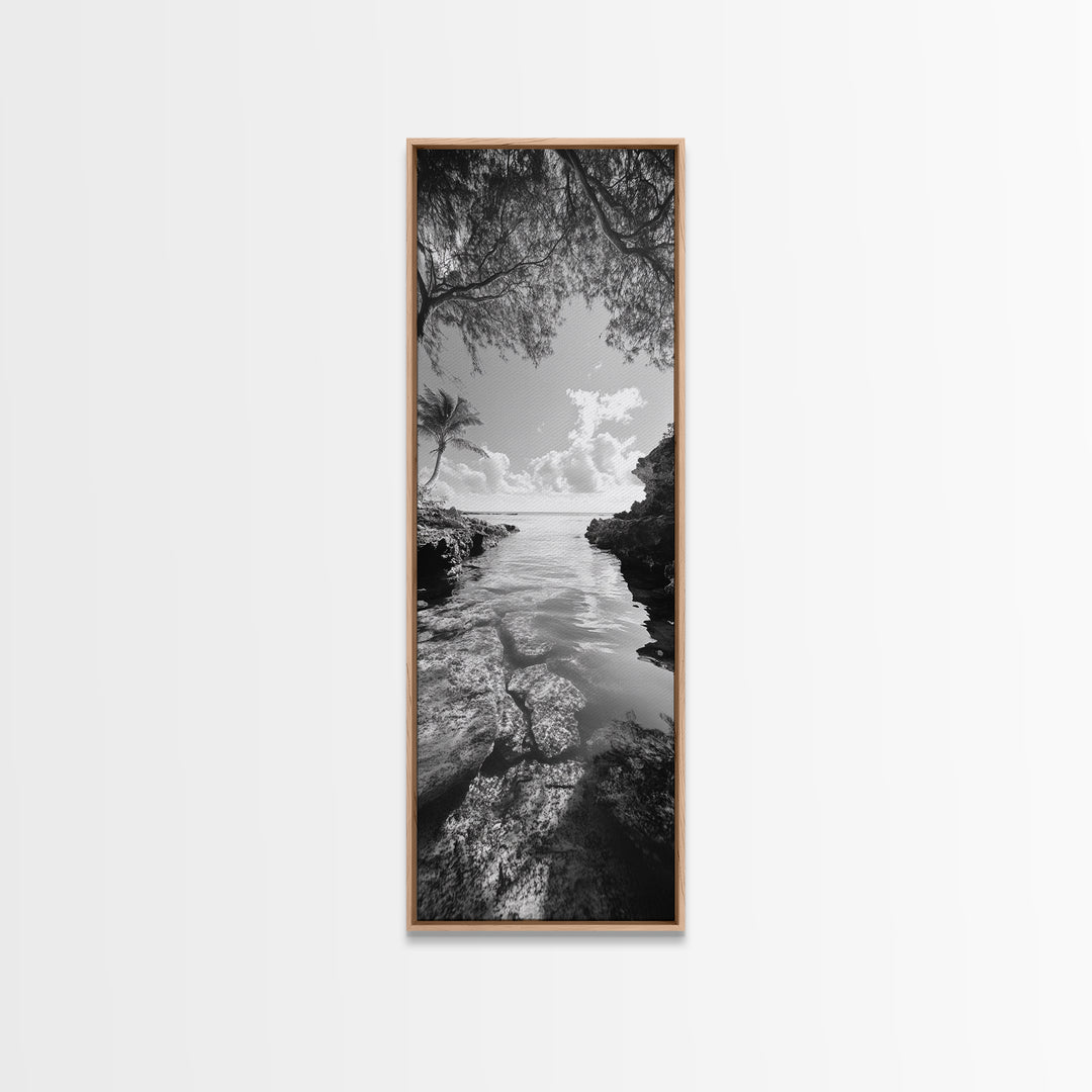 Island Cove, Palm Tree, Peaceful Sea, Tropical Coastline, Black and White Framed Canvas Print, Boho Beach Wall Art, Bathroom Decor